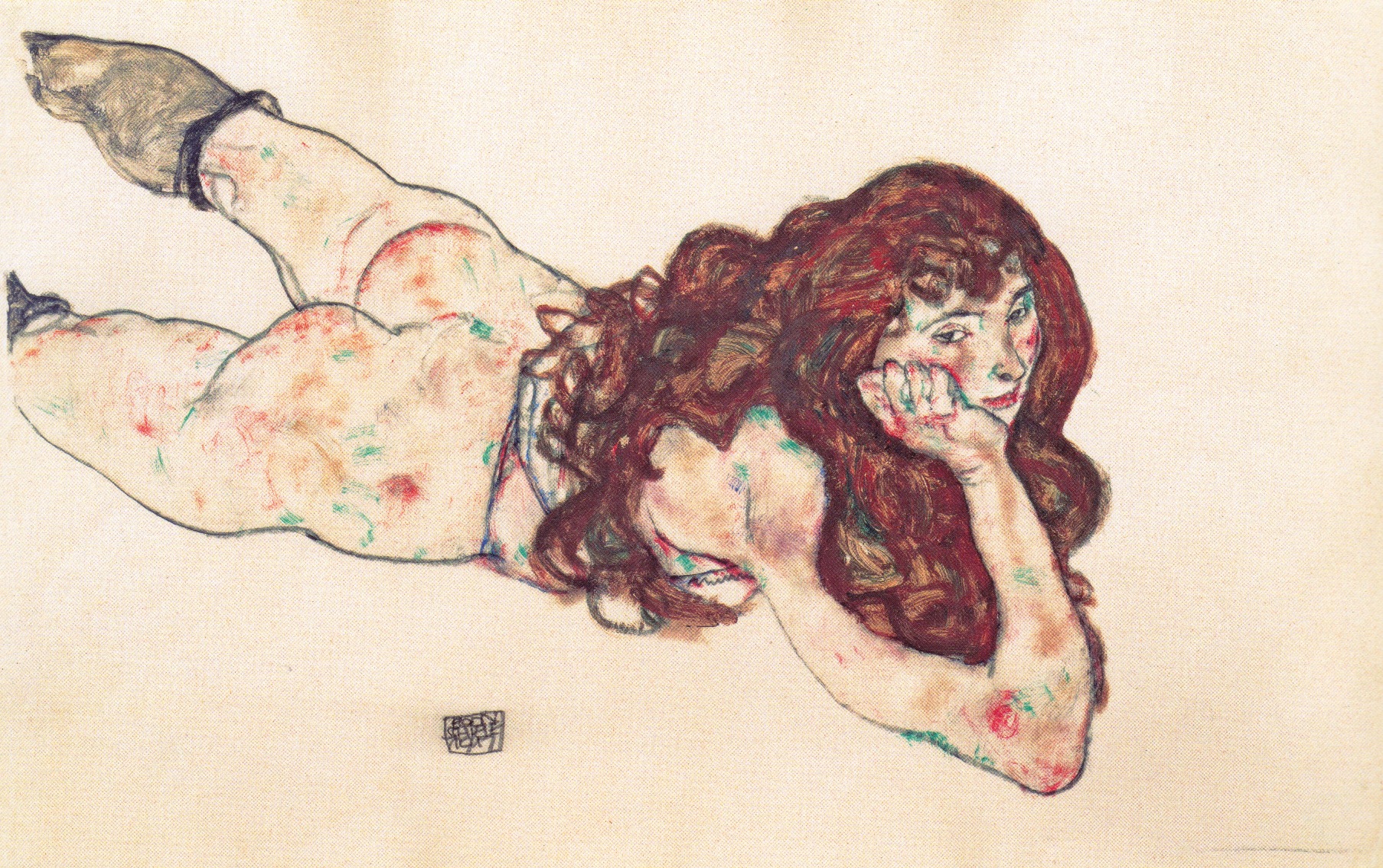 Egon_Schiele_-_Auf_dem_Bauch_liegender_weiblicher_Akt_-_1917